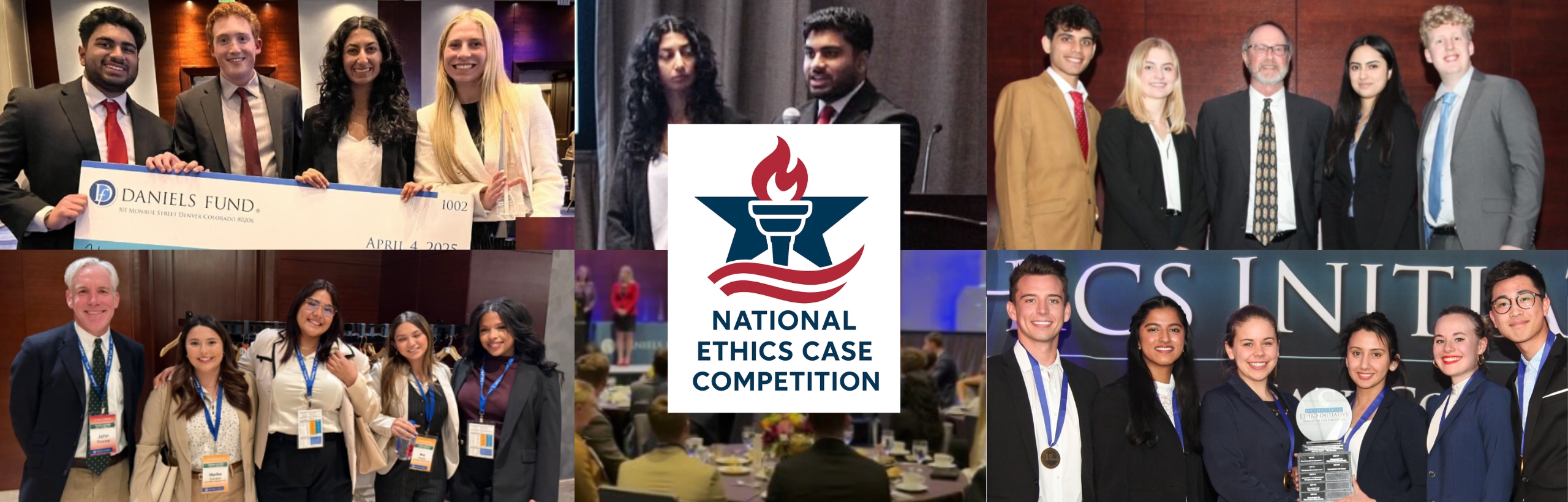 National Ethics Case Competition photo collage banner with pictures of teams from the 2025 competition logo overlay. 